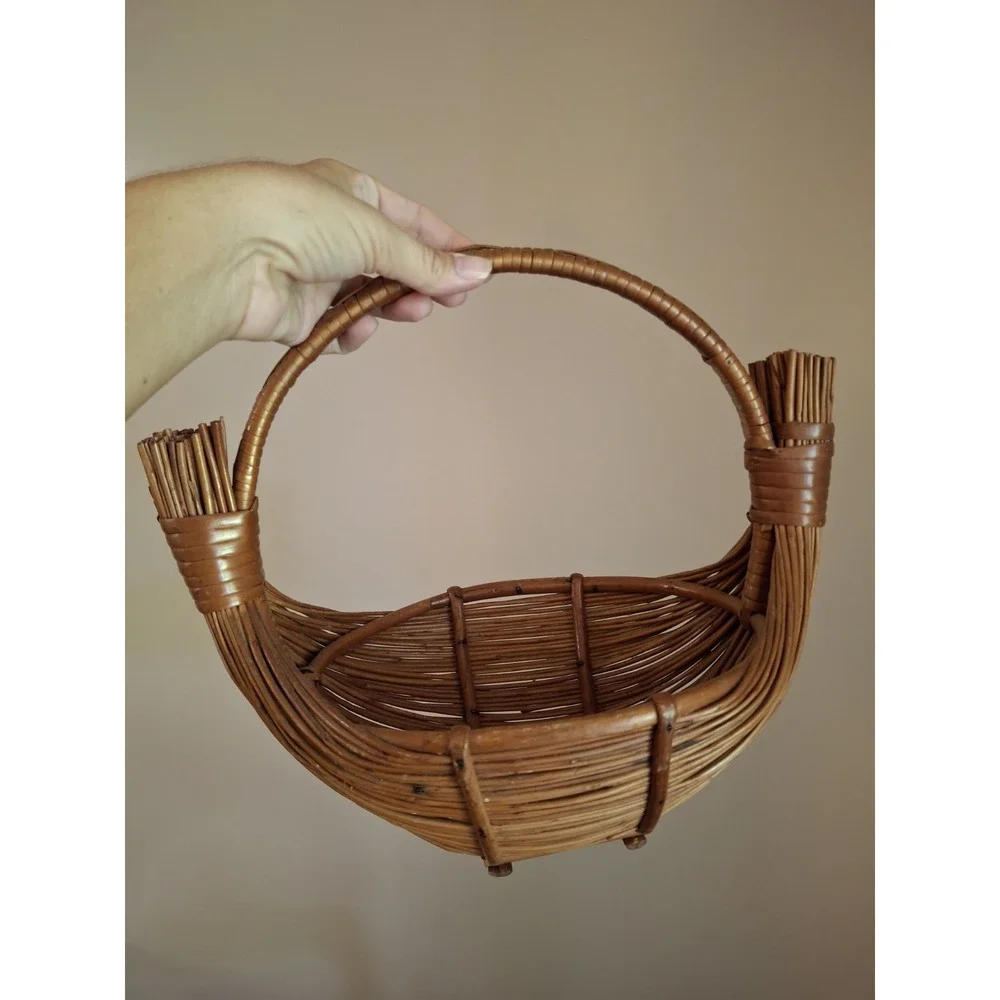 Vintage MCM Handmade Bamboo and Rattan Boat Shaped Fruit Basket With Handle